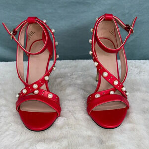 EUC Karl Lagerfeld Cedra Embellished Stilletto Red, Leather Pearl Gold Heels 5.5